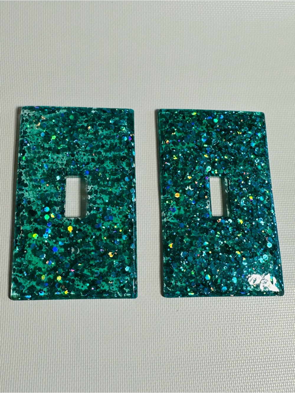 Hand Crafted Resin Glitter Teal Switch Plate Covers - Set of 2